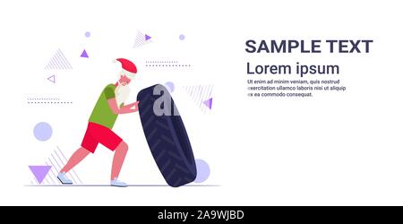 Santa claus flipping Reifen hard Übungen bärtiger Mann Training Workout gesunder Lebensstil Konzept urlaub Feier neue horizontale Kopie Raum voller Länge Vektor illustration Weihnachten Stock Vektor