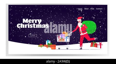 Santa claus Drücken trolley Warenkorb mit Geschenk Geschenk Boxen Weihnachten verkauf ferien Feier shopping Konzept Schneefall Hintergrund voller Länge horizontale Grußkarte Vector Illustration Stock Vektor