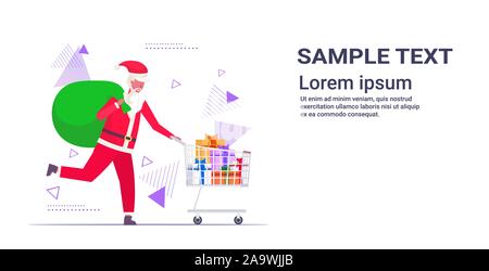 Santa claus Drücken trolley Warenkorb mit Geschenk Geschenk Weihnachten Boxen verkauf ferien Feier shopping Konzept voller Länge horizontale kopieren Raumzeiger Abbildung Stock Vektor