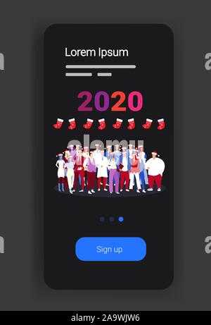 Geschäftsleute in santa Hüte feiern Firmenfeier business people Team gemeinsam Weihnachten Silvester Winterurlaub Konzept der Bildschirm des Smartphones online mobile App vertikale voller Länge Vektor illustration Stock Vektor