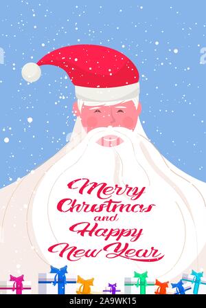Frohe Weihnachten und guten Rutsch ins neue Jahr Schriftzüge auf Santa Claus weißen Bart Winterurlaub feier Konzept Grußkarte portrait vertikale Vektor illustration Stock Vektor