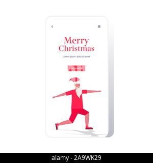 Santa claus Macht hockt Übungen bärtiger Mann Training Workout gesunder Lebensstil Konzept Feiertage des neuen Jahres Feier der Bildschirm des Smartphones online mobile App in voller Länge Vektor illustration Weihnachten Stock Vektor