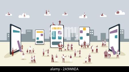 Menschen in santa Hüte mit online mobile Anwendung Männer Frauen in Corporate Partei Weihnachten Neujahr Konzept der Bildschirm des Smartphones Stadtbild horizontale voller Länge Vektor illustration Stock Vektor