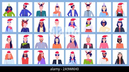 Stellen Sie mix Rasse Menschen tragen Nikolausmützen und Hörner Symbol Profil neues Jahr weihnachten urlaub Männer Frauen avatar Portrait männliche weibliche Gesichter Sammlung horizontale Vektor illustration Stock Vektor