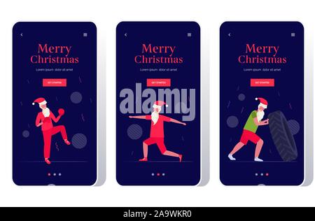 Santa Claus, körperliche Übungen bärtiger Mann Training Workout gesunder Lebensstil Konzept Weihnachten Neujahr Feier smartphone Bilder in voller Länge horizontale Vektor Abbildung Stock Vektor