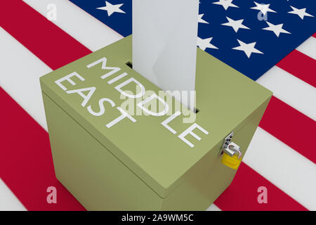 3D-Darstellung des Nahen und Mittleren Ostens Skript auf einer Urne, mit US-Flagge als Hintergrund. Stockfoto