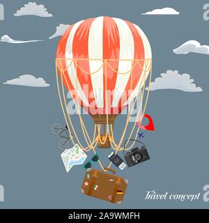 Travel Concept adverstisement Vorlage ads layout für Ihr Design. Heißluftballon mit travel Elemente. Vector Illustration. Stock Vektor