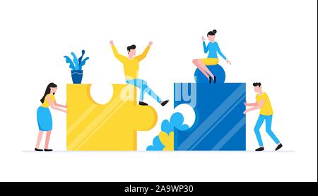 Teamwork Konzept mit kleinen Menschen Figuren gemeinsam mit großen Puzzle Stücke. Teamarbeit und Zeitmanagement Konzept Flat Style Design ve Stock Vektor