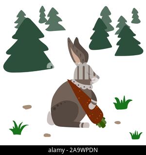 Hase mit Karotte. Wald mit Gras und Baum. Vector Illustration. Stock Vektor