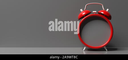 Vintage Wecker rote Farbe keine Zeit gegen grauer Hintergrund, runden Rahmen Vorlage, minimalistischen Stil, Kopieren, Banner. 3D-Darstellung Stockfoto
