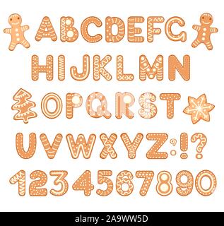 Font Alphabet und die Zahlen von Lebkuchen holiday Cookies eingerichtet verglaste Zucker. Für Weihnachten oder Neujahr winter Design. EPS8 Stock Vektor