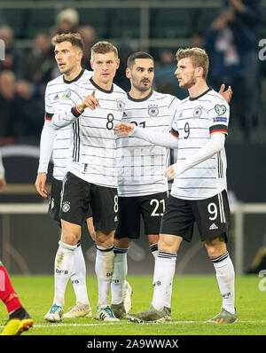 Jubel Toni Kroos (GER) nach seinem Ziel zu m3:0, von links nach rechts Leon Goretzka (GER), Toni Kroos (GER), Ilkay GUENDOGAN (Gvºndogan, GER), Timo WERNER (GER) Fussball Laenderspiel, EM-Qualifikation, Gruppe C 9.Spieltag, Deutschland (GER) - Belarus (BLR), 16.11.2019, Borussia Mönchengladbach/Deutschland. € | Nutzung weltweit Stockfoto