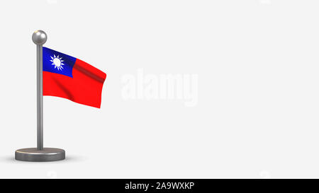 Taiwan 3D wehende Flagge Abbildung auf einem winzigen Metall Fahnenmast. Auf weißem Hintergrund mit Platz auf der rechten Seite isoliert. Stockfoto