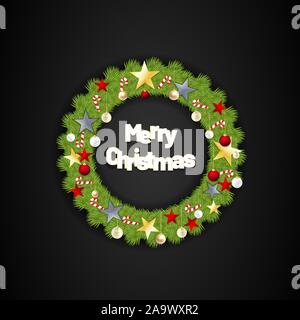 Frohe Weihnachten mit runden Blättern, Sterne und Süßigkeit. Vector Illustration mit schwarzem Hintergrund Stock Vektor