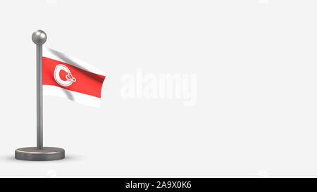Calgary, Alberta 3D wehende Flagge Abbildung auf einem winzigen Metall Fahnenmast. Auf weißem Hintergrund mit Platz auf der rechten Seite isoliert. Stockfoto