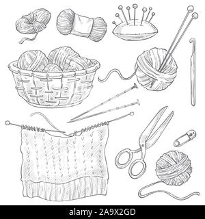 Stricken Werkzeuge und Threads isoliert Skizzen, Nähen und Sticken Stock Vektor