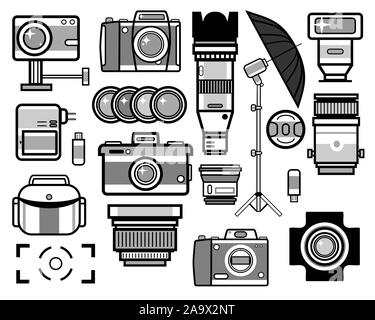 Kamera und Foto Equipment isolierte Icons, fotoshooting Ausrüstung Stock Vektor