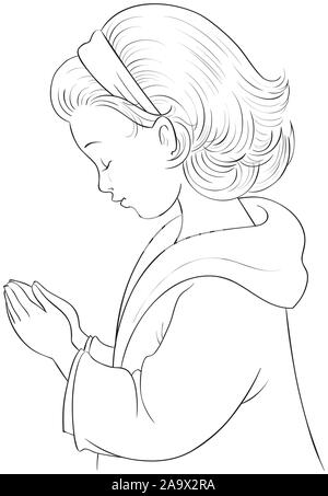 Cute Cartoon kleine Mädchen beten und ihre Hände gefaltet Färbung Seite Stockfoto