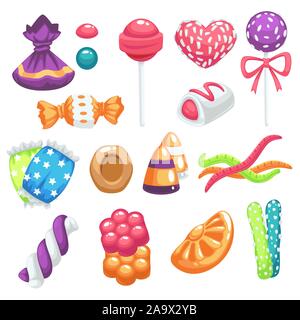 Bonbons und Süßigkeiten, Bonbons und Gelee, Eibisch und Lollipop isoliert Symbole Stock Vektor