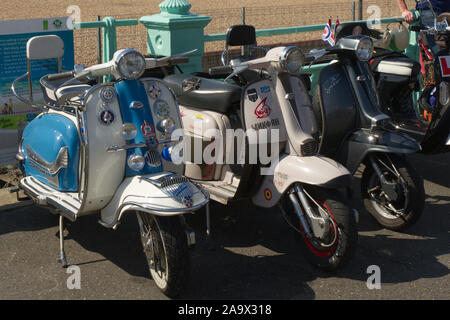 Brighton, England - 24. August 2019: Motorroller auf Anzeige entlang der Strandpromenade in Brighton Beach in East Sussex, England für 'Mod-Wochenende" Stockfoto