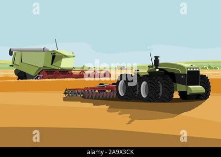 Autonome Harvester und Traktor auf einem Bauernhof. Digitale Transformation in der Landwirtschaft. Vector Illustration Stock Vektor