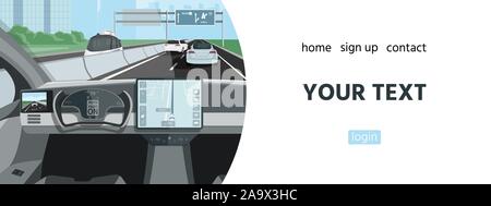 Selbstfahrer Auto auf einer Straße. Autonomen Fahrzeug. Innenansicht. Vector Illustration EPS 10. Stock Vektor