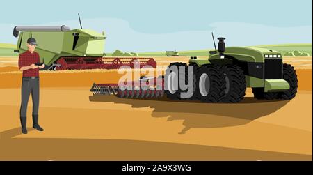 Bauer mit autonomen Harvester und Traktor auf einem Bauernhof. Digitale Transformation in der Landwirtschaft. Vector Illustration Stock Vektor