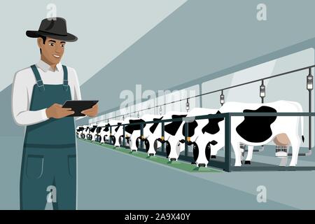Moderne afrikanische amerikanische Landwirt mit Tablet-PC auf einer Molkerei. Automatisierte melken und Smart Farming. Vector Illustration EPS 10. Stock Vektor
