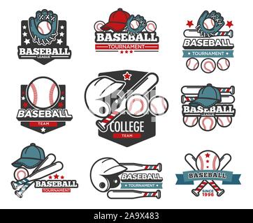 Baseball Turnier isoliert Icons, Sportartikel, Schläger und Ball Stock Vektor
