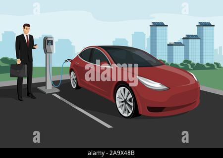 Man Gebühren ein elektrisches Auto an eine Ladestation auf einem Hintergrund von Eco City mit erneuerbaren Energien. Vector Illustration EPS 10. Stock Vektor