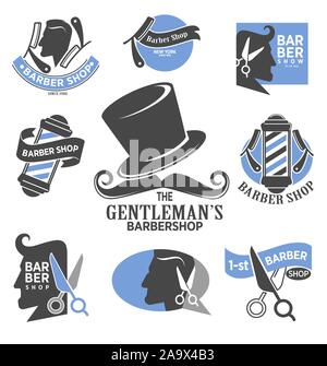 Friseur isoliert Icons, Friseursalon, Frisur und Bart rasieren Stock Vektor