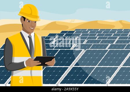 Engeneer mit Tablet-PC auf dem Hintergrund der Solar Energy Power Station und Windenergieanlagen. Vector Illustration Stock Vektor