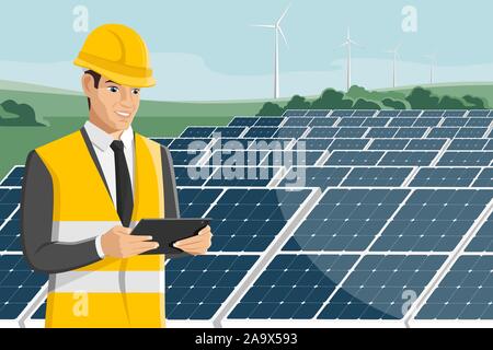 Engeneer mit Tablet-PC auf dem Hintergrund der Solar Energy Power Station und Windenergieanlagen. Vector Illustration Stock Vektor