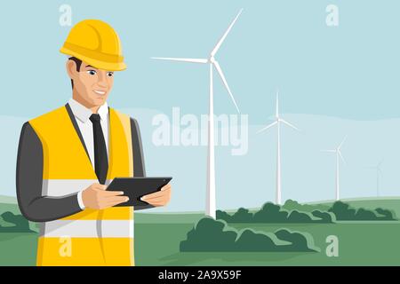 Engeneer mit Tablet-PC auf einem Hintergrund von Windenergieanlagen. Vector Illustration Stock Vektor