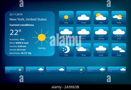Satz von Wetter Symbole. Meteorologie Abbildungen auf dunklen blauen Gradienten Hintergrund isoliert. Stock Vektor