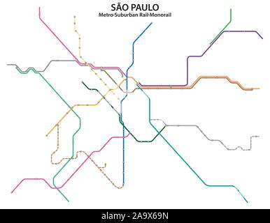 Karte von Sao Paulo U-S-Bahn und der Monorail Stock Vektor