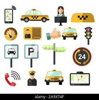 Auto, Taxi Service isoliert Icons, yellow cab und Treiber Stock Vektor