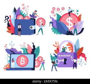 Bitcoin Bergbau- und Marktplatz, digitale Währung und blockchain, isolierte Symbole Stock Vektor