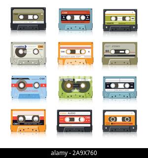 Kassetten, retro, Vintage audio Aufzeichnungen Medien Gerät galvanisch getrennt Symbole Stock Vektor