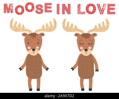 Elch Paar in der Liebe. Skandinavische Elche, Kinder drucken, Poster, Design, Hand zeichnen, Kostenvoranschlag Stock Vektor
