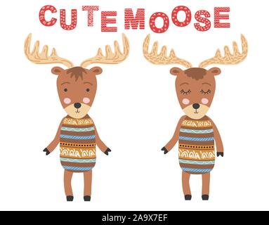 Niedlich Elch, Paar. Skandinavische Elche, Kinder drucken, Poster, Design, Hand zeichnen, Kostenvoranschlag Stock Vektor