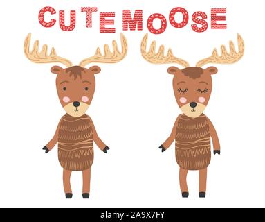 Niedlich Elch, Paar. Skandinavische Elche, Kinder drucken, Poster, Design, Hand zeichnen, Kostenvoranschlag Stock Vektor