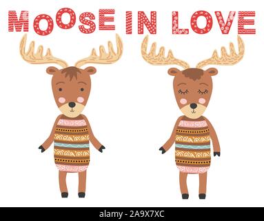 Elch Paar in der Liebe. Skandinavische Elche, Kinder drucken, Poster, Design, Hand zeichnen, Kostenvoranschlag Stock Vektor