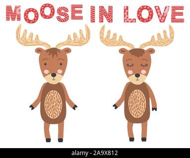 Elch Paar in der Liebe. Skandinavische Elche, Kinder drucken, Poster, Design, Hand zeichnen, Kostenvoranschlag Stock Vektor