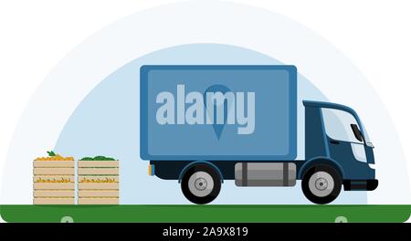 Ein Lkw für die Bereitstellung von Gemüse vom Bauernhof bis auf den Markt. Tracking- und Logistikkonzept. Vector Illustration EPS 10. Stock Vektor