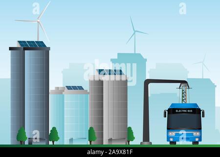 Electric Bus auf die Straße der Stadt, die saubere Energie. Vector Illustration EPS 10. Stock Vektor