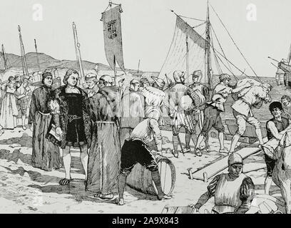 Entdeckung Amerikas. Die Einschiffung von Christopher Columbus in Palos de la Frontera (Spanien), am 3. August 1492. Gravur. Museo Militar, 1883. Stockfoto