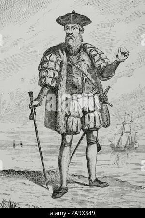 Vasco da Gama, 1. die Anzahl der Vidigueira (1460-1524). Portugiesische Entdecker. Er war der erste Europäer, der Indien auf dem Seeweg zu erreichen. Gravur. Museo Militar, 1883. Stockfoto