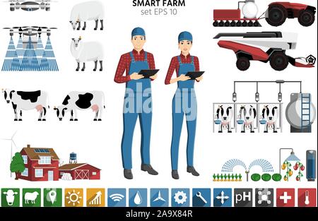 Smart Landwirtschaft gesetzt. Moderne Landwirte mit digitalen Tablet, autonomen Häcksler, Traktor und Drone. Elemente für Design und Infografiken. Vektor Lllustrat Stock Vektor