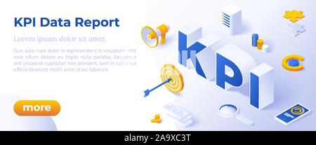 KPI-Daten messen Marketing Kampagne. Isometrische Vektor Banner. Stock Vektor